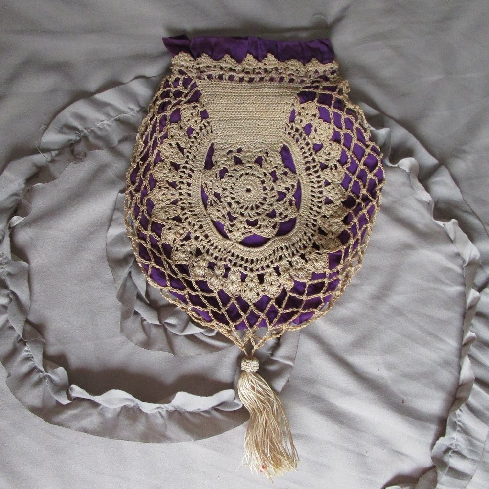 antique silk crochet pouch